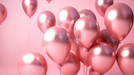 玫瑰活动背景图片_3D 渲染的粉色气球数字漂浮在玫瑰金抽象背景上，非常适合新年庆祝活动