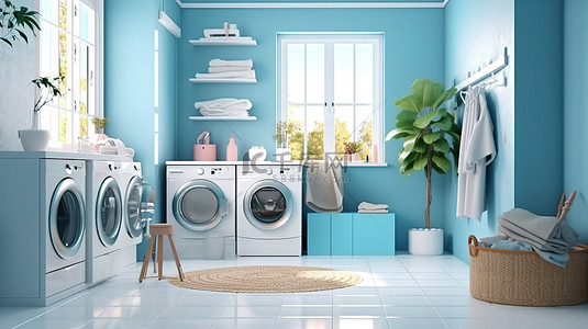 软布毛巾背景图片_明亮洗衣房的 3D 插图，配有蓝墙自动洗衣机毛巾堆和大窗户