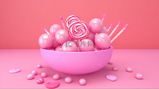 情人节在 3D 渲染背景上对待充满活力的粉红色糖果