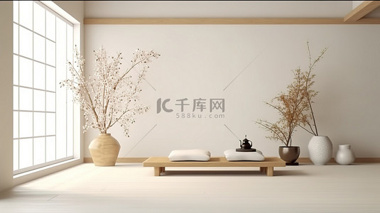 休闲生活背景背景图片_日本风格的简约室内设计，带有休闲空间的 3D 渲染