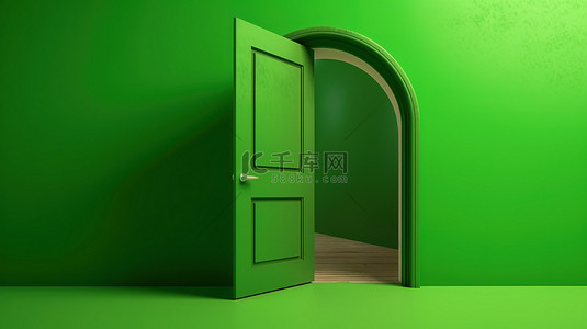3d 渲染中的绿色开门在绿色背景中脱颖而出