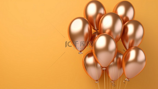 黄色活力背景背景图片_一群铜气球反对充满活力的黄色墙壁背景水平横幅与 3D 插图渲染