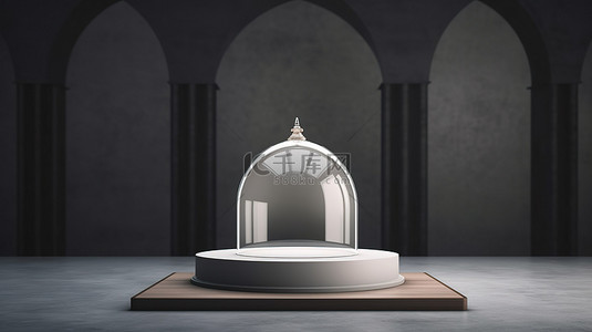 带白色托盘和空玻璃圆顶的混凝土讲台的 3D 渲染