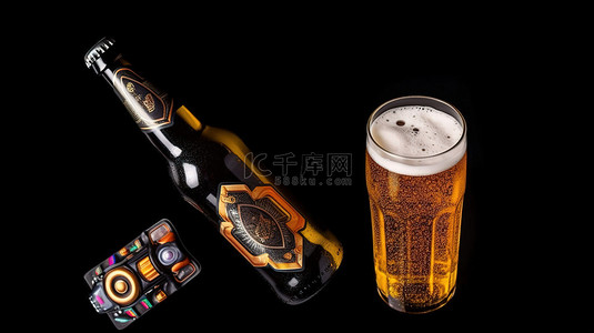 电影之夜必需品啤酒遥控器和黑色背景 3D 眼镜顶视图