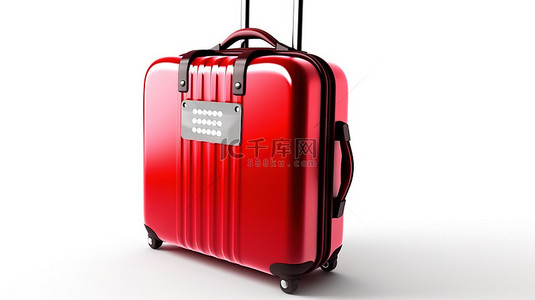 白色背景商务舱手提行李飞行标签与红色手提箱的 3D 渲染