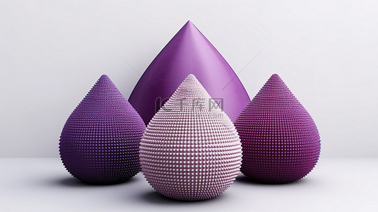 各种充满活力的紫色球体，具有逼真的金字塔形状和 3D 白色背景上的纹理织物