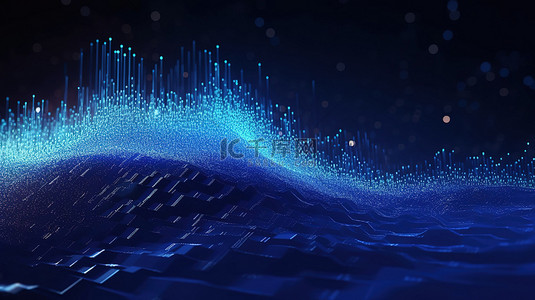 ui大屏可视化背景图片_抽象蓝色数字背景下大数据可视化的发光粒子波的 3D 渲染