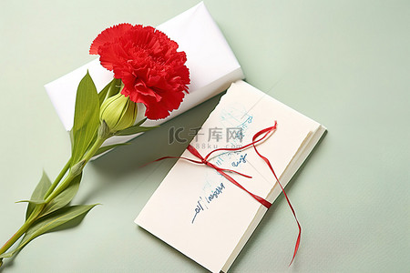 用纸包裹的红色康乃馨，并写上问候语