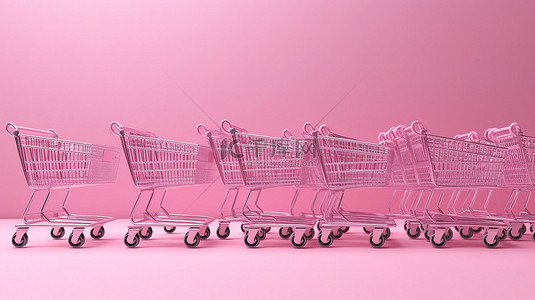 生日海报模板背景图片_粉红色背景上粉红色购物车的 3D 渲染插图