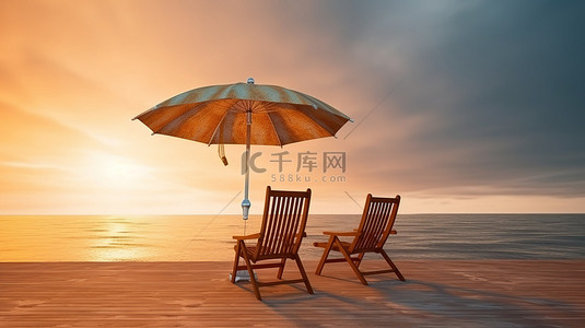 木制平台，配有 3D 渲染的椅子和雨伞，沐浴在海滩的海洋日落中