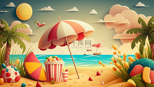 沙滩太阳伞背景图片_夏日沙滩遮阳伞椰树可爱插画背景