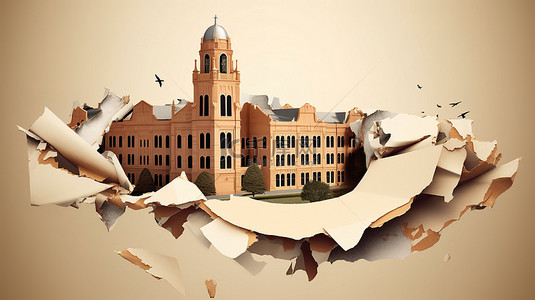 大学被描绘成一个 3d 碎纸雕塑