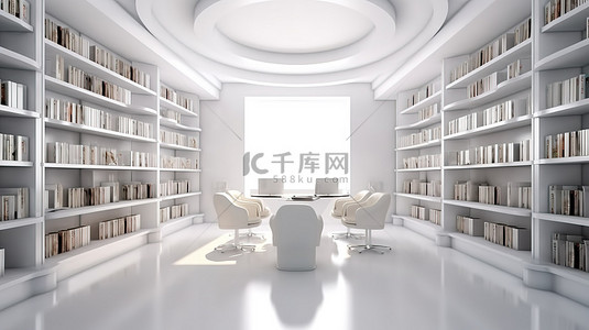 现代图书馆内部的 3D 渲染，配有白色书桌和椅子
