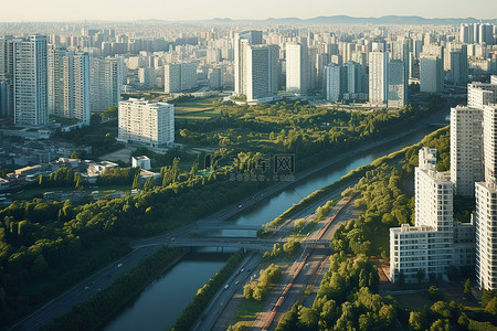 一座拥有数十座高楼大厦的城市和一条绿树成荫的河流