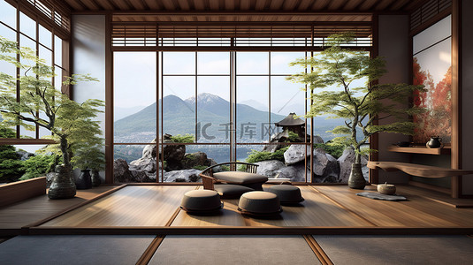 日本酒店简约的内饰和宁静的自然景观的 3D 渲染