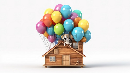 卡通晚会背景图片_彩色气球在白色背景下飞过木制卡通狗屋的 3d 渲染