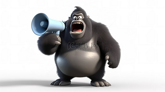 大猩猩头像背景图片_幽默的 3D 大猩猩，身材胖胖，拿着微型电视，通过扬声器讲话