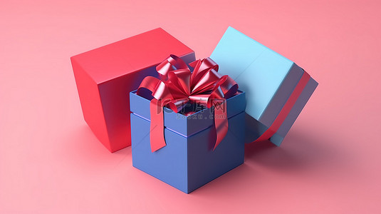 节日的 3d 渲染红色和蓝色圣诞新年礼品盒，粉红色背景上带丝带