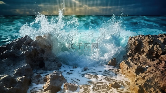 令人惊叹的 3D 渲染中强大的海浪猛烈撞击岩石海岸线