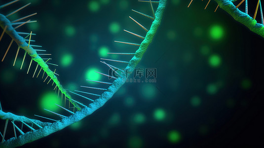基因医疗科技背景图片_具有绿色和蓝色背景的 DNA 螺旋的 3D 渲染，文本空间充足