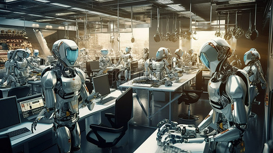 机器人在企业环境中工作的 3d 渲染