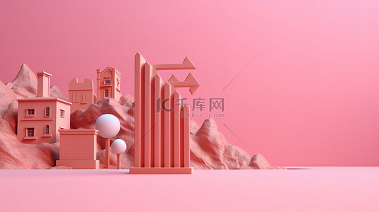 粉红色背景 3D 设计上可爱的路标引导您的道路