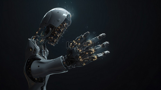 AI 大脑驱动的机器人手在工作中进行 3D 渲染