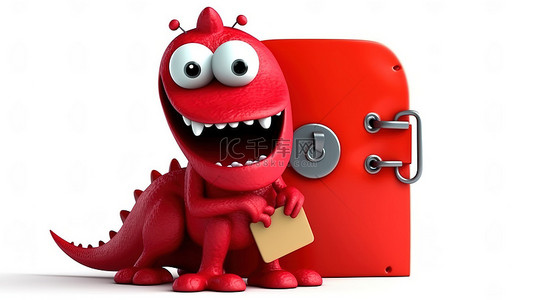 搞笑背景图片_搞笑的 3D 红色恐龙举着牌子和一把巨大的锁