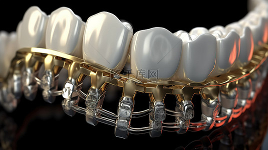 嵌入牙龈中的陶瓷和金属牙套 3D 牙齿渲染