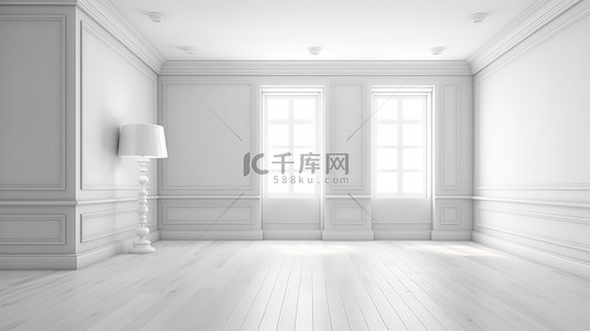 卡地亚首饰背景图片_宽敞的斯堪的纳维亚风格房间的 3d 渲染，铺有木地板和白色墙壁，设计整洁