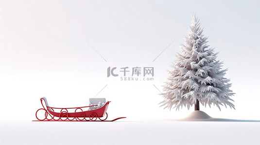 红雪橇背景图片_白色圣诞雪橇和红色突出的树的孤立 3D 插图