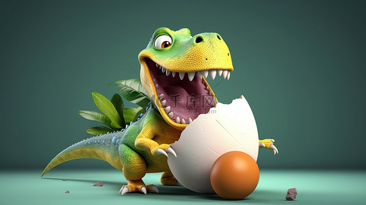 一个幽默的 3D 恐龙人物抓着一个大鸡蛋