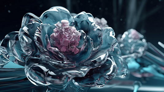 超现实冰玻璃中冷冻玫瑰花的有机曲线 3d 渲染抽象艺术