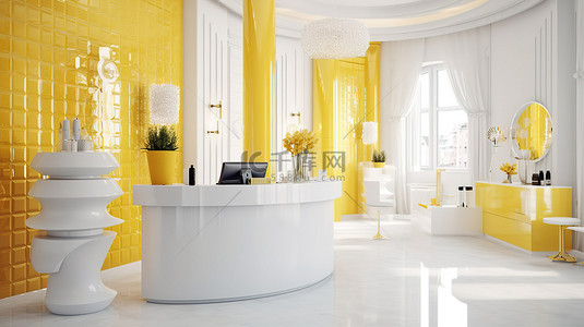 白色和柠檬色调的当代美容院接待会令人惊叹的 3D 渲染