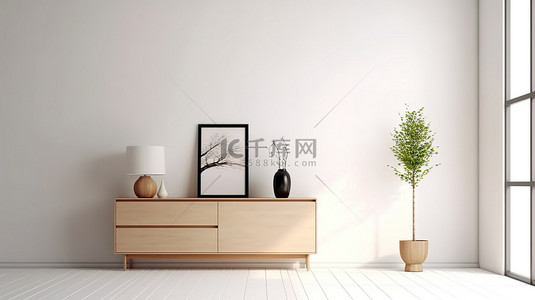 带餐具柜和白墙的空房间的时尚简单的 3D 渲染