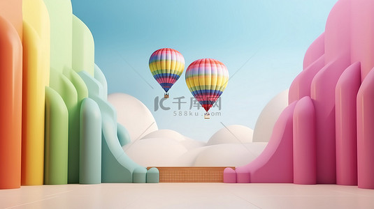 热气球天空背景图片_商业设计背景空白讲台展示长场景彩虹和热气球3D渲染