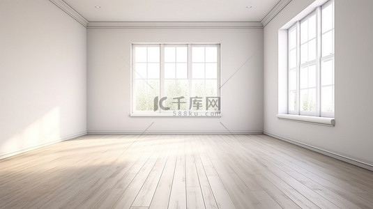 绿色现代简约背景图片_现代简约房间的 3D 渲染，配有白色木质装饰和木地板
