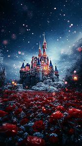 童话世界城堡背景图片_花卉星光城堡夜空梦幻卡通广告背景