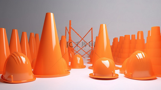 明亮背景下 3D 渲染中带有交通锥和橙色头盔的建筑围栏