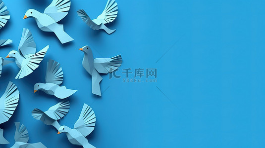 白色鸟背景图片_蓝色背景下纸鸟的 3d 插图