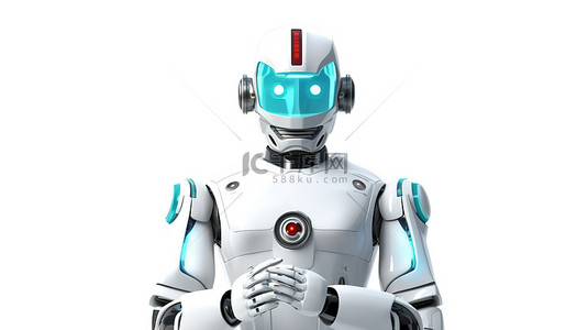 身穿白色西装的医生机器人的 3D 渲染是医疗创新的例证