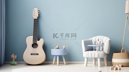 绿色生活背景背景图片_儿童房模型，配有蓝色椅子和 3D 渲染的吉他