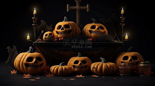 黑色万圣节背景下南瓜十字蝙蝠和棺材的怪异 3D 插图