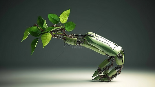 可持续性创新背景图片_通过被树叶包围的 3D 渲染机器人手臂描绘的绿色技术创新