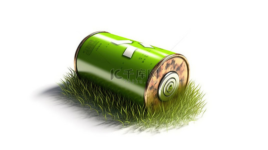 用绿草电池和回收符号 3d 渲染振兴自然能源白色背景
