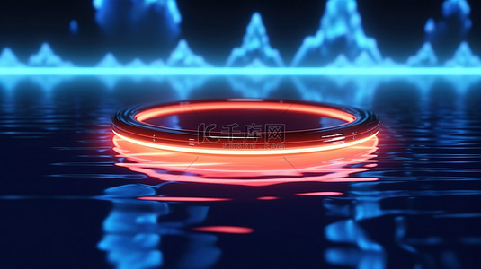 渲染圆圈上背景图片_辐射霓虹灯圆圈反射在抽象水背景 3D 渲染插图上