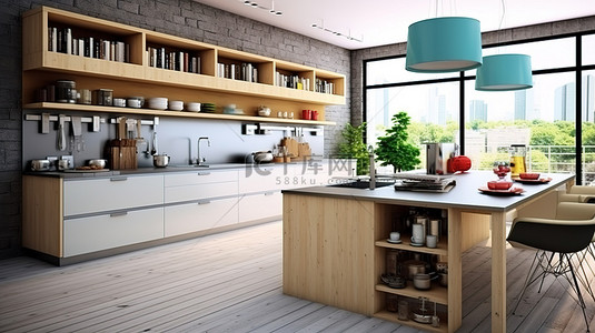 现代厨房设计背景图片_3D 渲染的现代厨房设计室内装饰