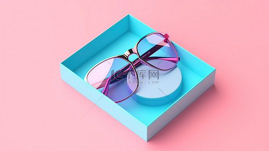 专辑背景图片_带有盒子和 3D 眼镜的光盘顶视图，背景为柔和的粉色和蓝色