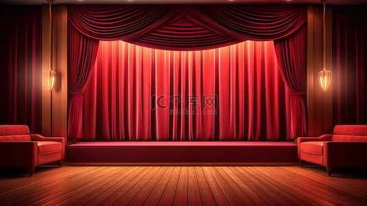 红色戏剧窗帘背景图片_电影院窗帘或家庭影院墙的 3D 渲染