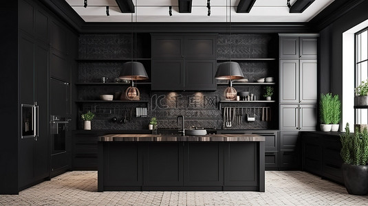 整体家居背景图片_家庭室内插图优雅的整体厨房，带黑色抽屉，3D 渲染